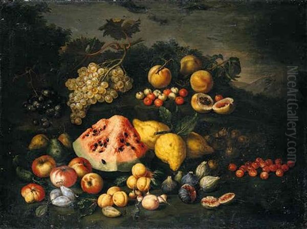 Still Life Of Watermelon, Lemons, Peaches, Apples, Plums, Cherries And Figs In An Open Landscape Oil Painting by Bartolommeo Bimbi