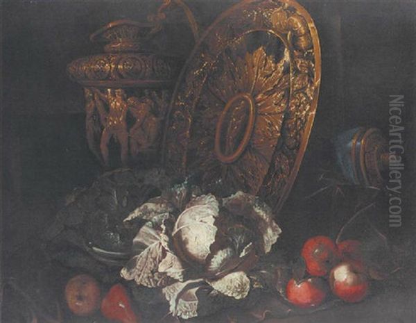 Cabbages, Apples And Pears By A Silver-gilt Platter And A Sculpted Ewer Oil Painting by Bartolommeo Bimbi