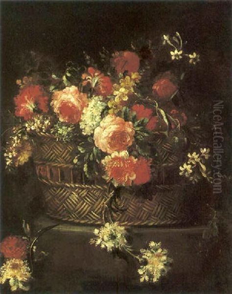 Natura Morta Con Composizione Floreale In Un Cestino Oil Painting by Bartolommeo Bimbi