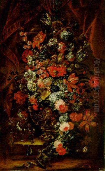 Tulipani, Campanule, Peonie, Narcisi E Altri Fiori In Un Vaso A Relievo Su Un Piedistallo Di Pietra Oil Painting by Bartolommeo Bimbi