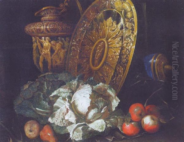 Cabbages, Apples And Pears By A Silver Gilt Platter And A Sculpted Ewer Oil Painting by Bartolommeo Bimbi