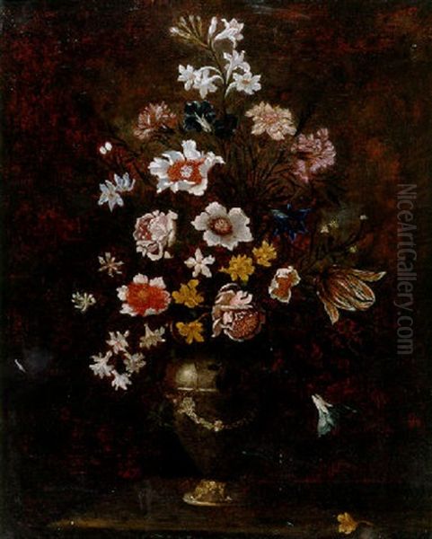 Mixed Flowers In A Vase On A Ledge Oil Painting by Bartolommeo Bimbi