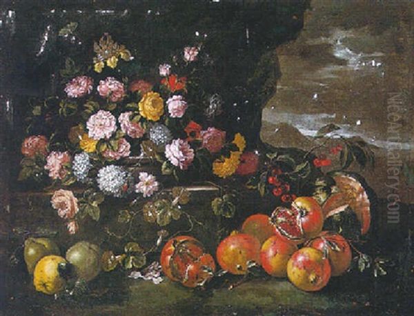 Still Life Of Flowers In An Urn, Pomegranate, Pears And Cherries, All In A Landscape Oil Painting by Bartolommeo Bimbi