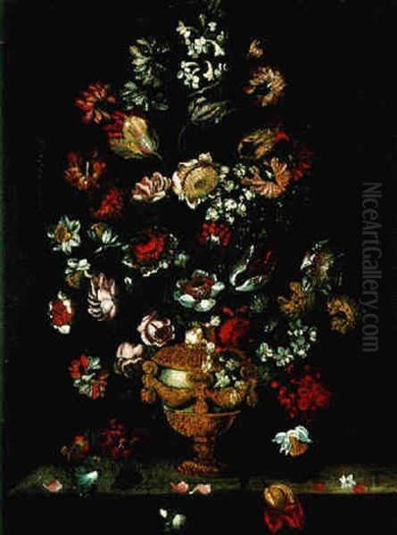 Bouquets De Fleurs Dans Un Vase Aux Ornements De Bronze Oil Painting by Bartolommeo Bimbi