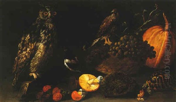 A Still Life Of Grapes In A Basket, Other Fruits And Mushrooms, With An Owl, A Falcon, A Magie, A Hedgehog And A Turtle Oil Painting by Bartolommeo Bimbi