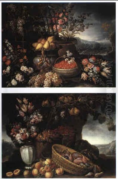 Still Lifes Of Fruit In Baskets And Flowers In Garden Settings Oil Painting by Bartolommeo Bimbi