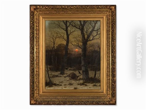 Deer In Winter Landscape Oil Painting by Caesar Bimmermann