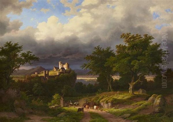 Gewitterstimmung Uber Einer Idealen Flusslandschaft Mit Ruine Und Hirten Oil Painting by Caesar Bimmermann