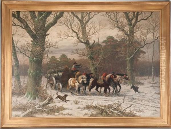 Woodsman Bringing Logs From The Winter Forest Oil Painting by Caesar Bimmermann