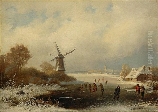 Eisvergnugen In Hollandischer Winterlandschaft Oil Painting by Caesar Bimmermann