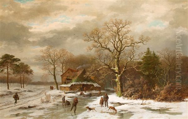 Eisvergnugen Vor Der Wassermuhle Oil Painting by Caesar Bimmermann