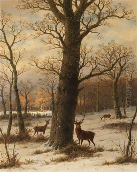 Rehwild In Winterlicher Landschaft Oil Painting by Caesar Bimmermann