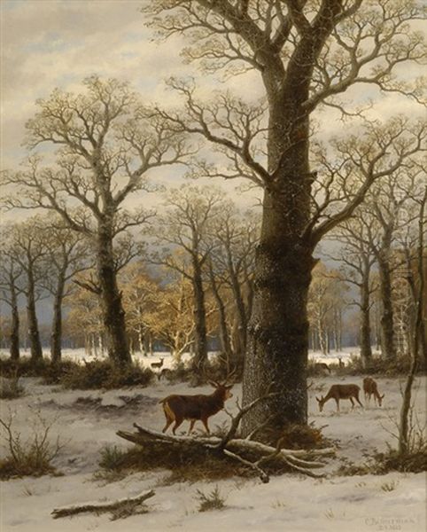 Winterwald Mit Hirschrudel Oil Painting by Caesar Bimmermann