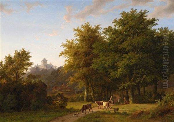 Bewaldete Landschaft Mit Landvolk Und Blick Auf Schloss Bentheim? Oil Painting by Caesar Bimmermann