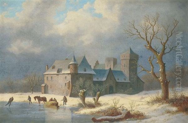 Winterlandschaft Mit Einer Burg Und Eislaufern Oil Painting by Caesar Bimmermann