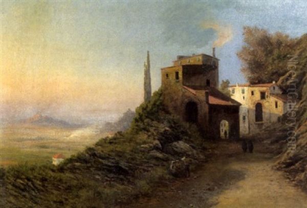 Blick Von Einer Italienishchen Villa In Eine Ebene Mit Vulkan Oil Painting by Caesar Bimmermann