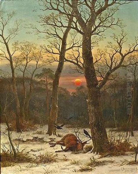 Toter Hirsch Im Abendlichen Winterwald Oil Painting by Caesar Bimmermann