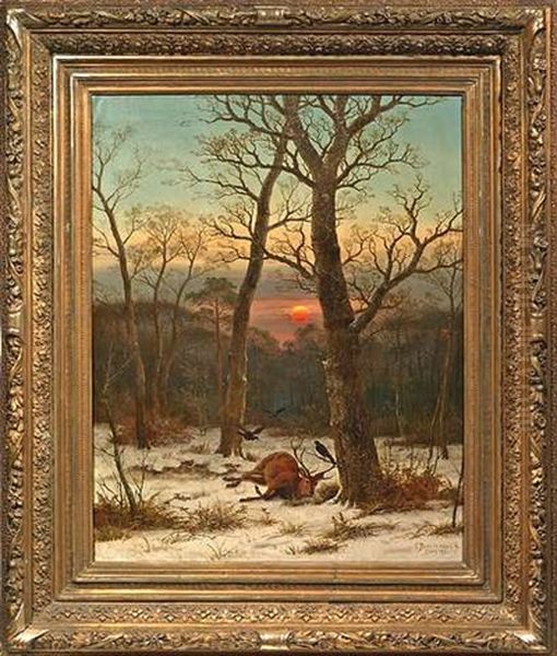 Toter Hirsch Im Abendlichen Winterwald Oil Painting by Caesar Bimmermann