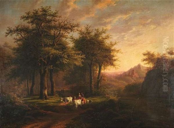 Landschaft Im Abendlicht Mit Spaziergangern Und Kuhen Am Waldrand (+ Another, Similar; Pair) Oil Painting by Caesar Bimmermann