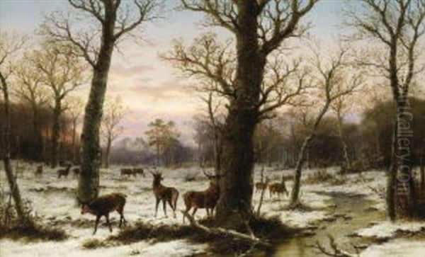 Winterwald Mit Rotwild  In Der Dammerung Oil Painting by Caesar Bimmermann