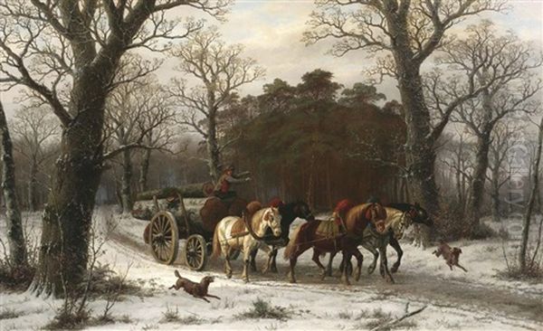 Holzfuhrwerk Im Winterwald Oil Painting by Caesar Bimmermann