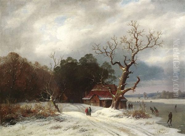 Winter An Einem Zugefrorenen See In Holland Oil Painting by Caesar Bimmermann