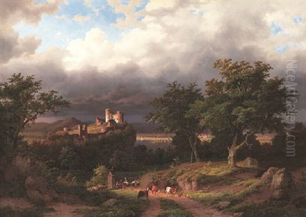 Gewitterstimmung Uber Idealer Fluslandschaft Mit Ruine Und Kuhhirten Oil Painting by Caesar Bimmermann