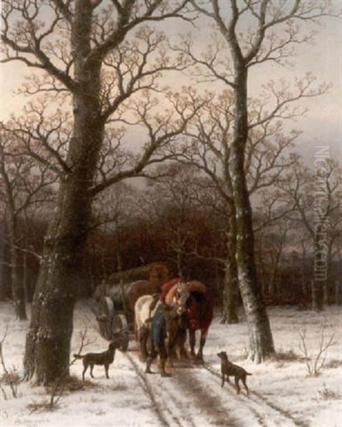 Waldbauer Mit Einem Pferdegespann Im Winterwald Oil Painting by Caesar Bimmermann