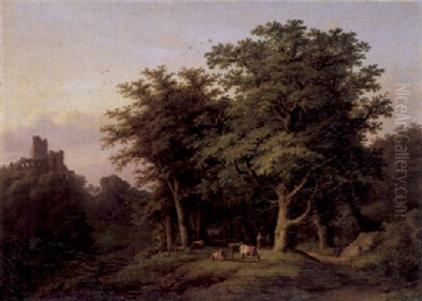 Waldlandschaft Mit Kuhen Und Schafen Oil Painting by Caesar Bimmermann