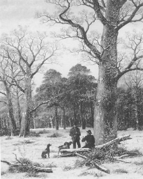 Huntsman And Dogs Resting In A Winter Wood Oil Painting by Caesar Bimmermann