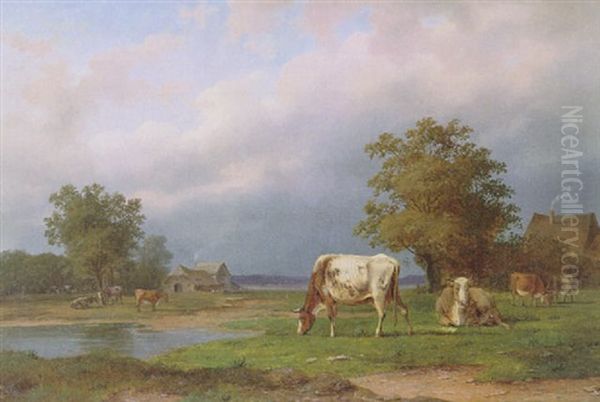 Niederrheinische Landschaft Mit Kuhen Oil Painting by Caesar Bimmermann