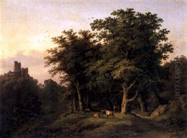 Waldlandschaft Mit Kuhen Und Schafen Oil Painting by Caesar Bimmermann