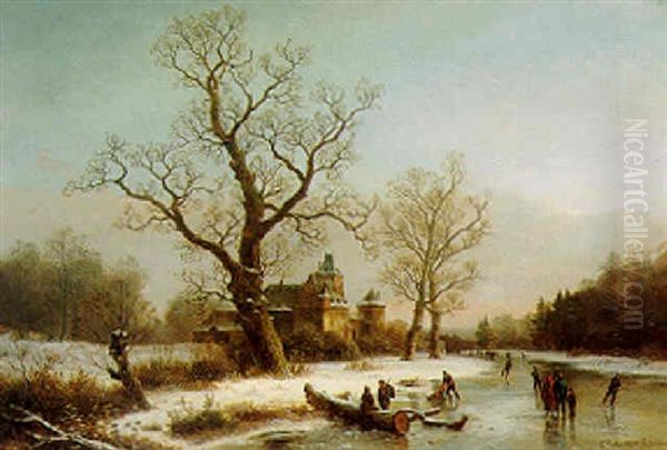 Skating On A Frozen River Oil Painting by Caesar Bimmermann