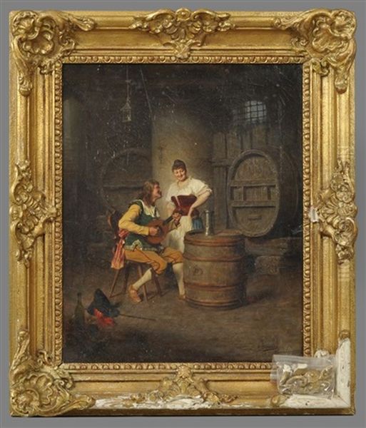 Wirtshausszene - Gast Bringt Der Bedienung Ein Standchen Oil Painting by Alois Binder