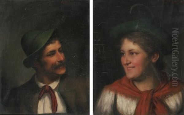 Brustbildnis Eines Jungen Bauernpaares (+ Another Similar; Pair) Oil Painting by Alois Binder