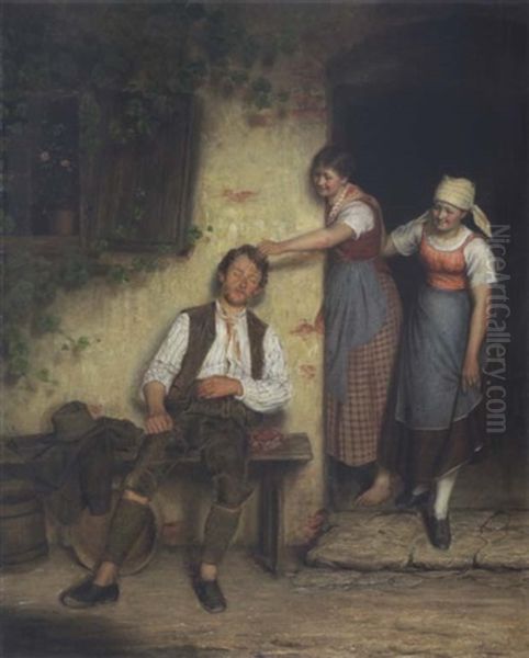 Zwei Dirndln Neckten Einen Schlafenden Jungen Mann Oil Painting by Alois Binder