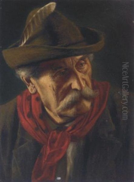 Portrait Of A Tyrolean In A Hat With A Feather Oil Painting by Alois Binder