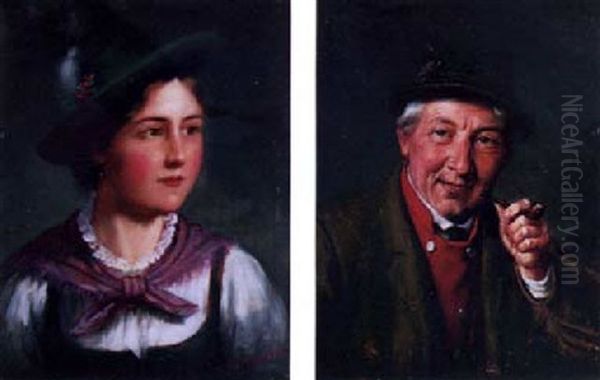 A Bavarian Couple In Traditional Costume Oil Painting by Alois Binder