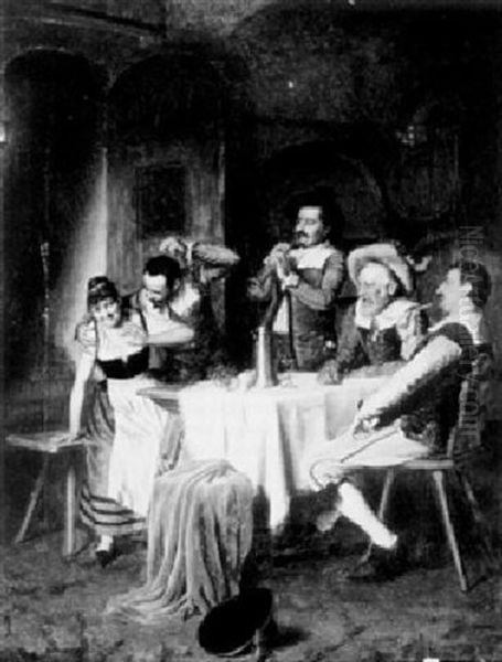 Cavaliers Carousing In A Tavern Oil Painting by Alois Binder