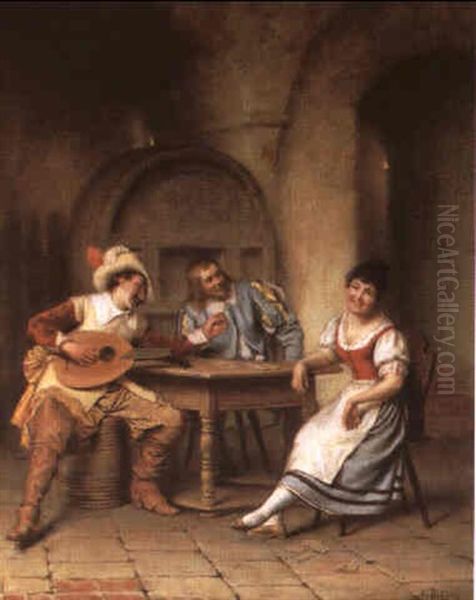 Landknechte Und Dirndl Im Weinkeller Oil Painting by Alois Binder