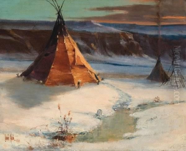 Title: Winter Indian Encampment Oil Painting by Louis B. Akin