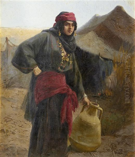 A Berber Water Carrier Oil Painting by Tony Binder