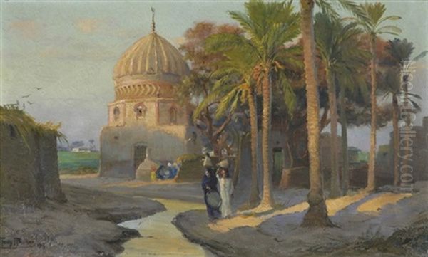 Orientalinnen Unter Palmen - Im Mittelgrund Eine Moschee Oil Painting by Tony Binder