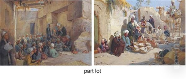 Pottery Market In Luxor (+ A School Class In Luxor, Watercolor; 2 Works) Oil Painting by Tony Binder