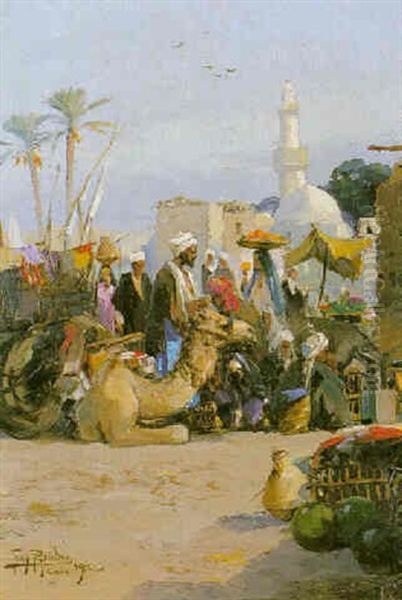 Figures With A Camel In A North African Market Oil Painting by Tony Binder