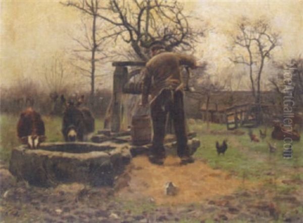 Livestock Around The Well Oil Painting by Adolphe Gustave Binet