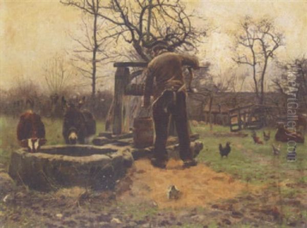 Livestock Around The Well Oil Painting by Adolphe Gustave Binet