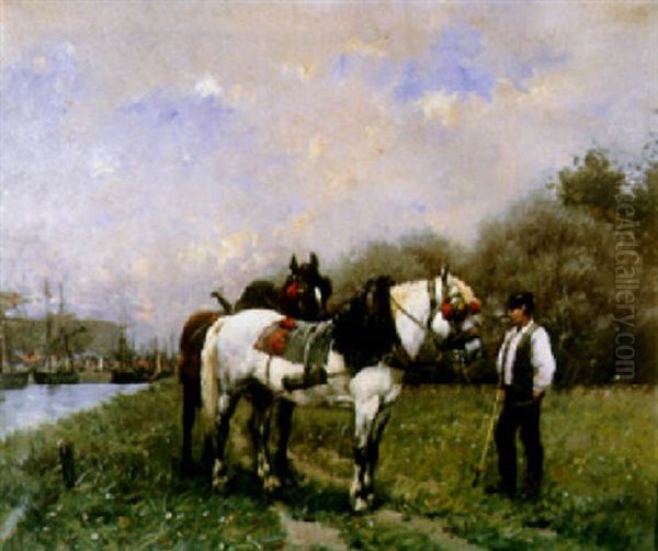 A Groom And Two Horses In A River Landscape Oil Painting by Adolphe Gustave Binet