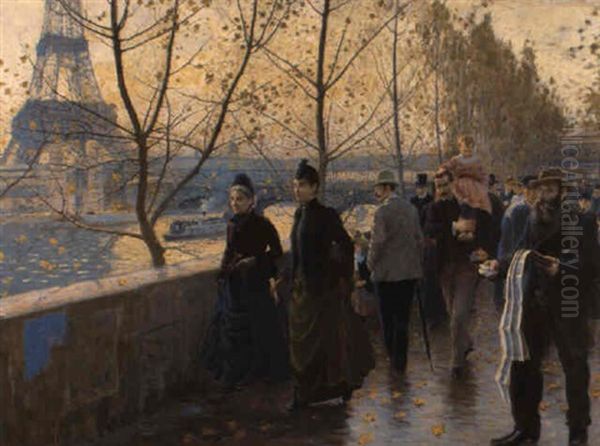 Les Quais De Seine Et La Tour Eiffel, Paris Oil Painting by Adolphe Gustave Binet