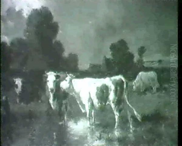 Cows Watering Oil Painting by Adolphe Gustave Binet